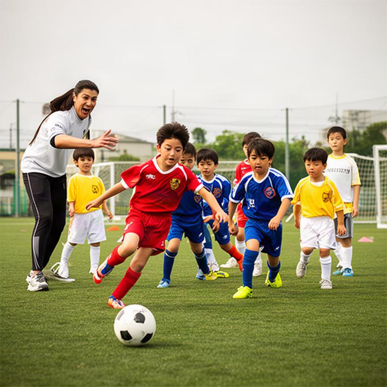 神戸の地域グラウンドで、コーチの声かけを受けながらボールを追う小学生サッカーチーム
