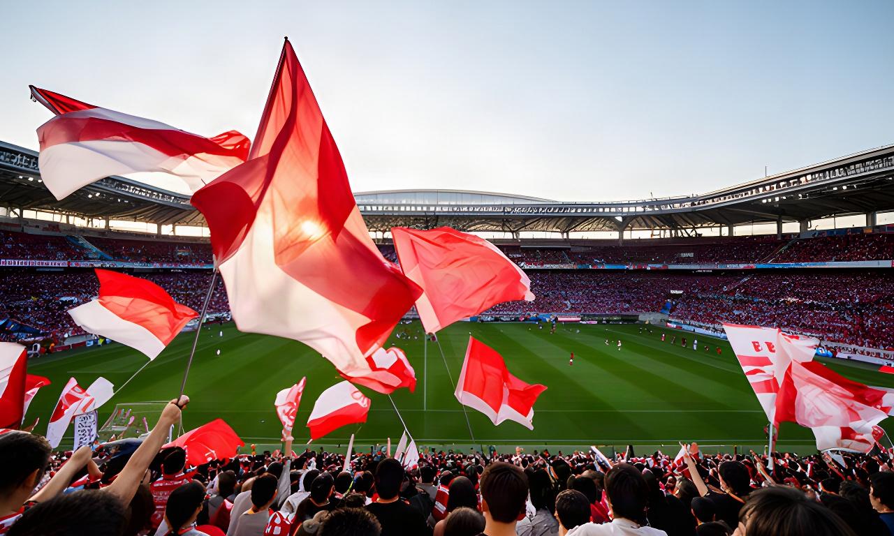 神戸のサッカースタジアムで、赤と白の応援旗が揺れる試合前のスタンド
